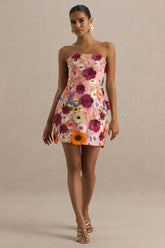 Kristen | Pink Floral Bandeau-Neck Mini Dress